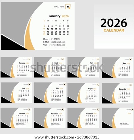 2026 desk calendar. Calendar planner design template. Desk calendar with week start on Sunday. Vector illustration.