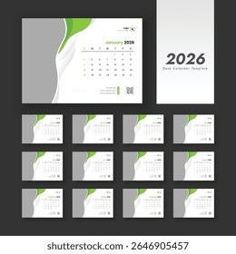2026 desk calendar planner set template. Desk calendar with week start Sunday for print. Vector layout of a desk calendar 2026.