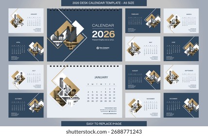 2026 desk calendar template in blue geometric style, modern corporate A5 layout, editable for office, branding, or business planning.