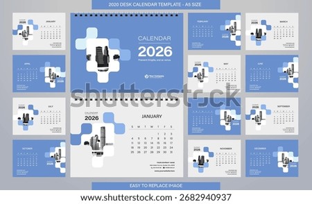 2026 desk calendar template in blue geometric style, modern corporate A5 layout, editable for office, branding, or business planning.