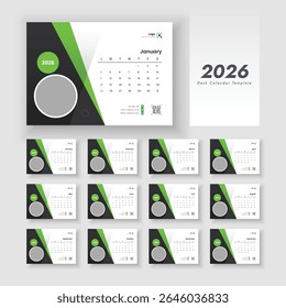 2026 desk calendar template. Corporate and business calendar. Set of 12 calendar pages. The week starts on Sunday.