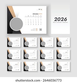 2026 Desk calendar template with week start on Sunday.