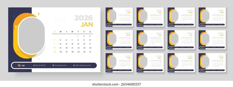 2026 Schreibtisch oder Tabelle Kalender Vorlage, Woche beginnt Sonntag.