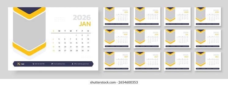 Plantilla de calendario de escritorio o mesa 2026, calendario de escritorio de oficina Corporativa 2026, calendario de calendario 2026 conjunto de calendario mensual de Plantilla, la semana comienza el domingo.