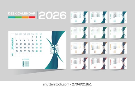 2026 Vector de escritorio 12 meses 12 páginas diseño de calendario para cualquier tipo de uso