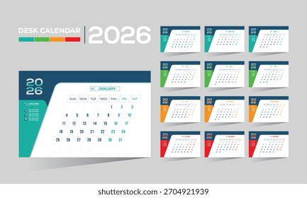 2026 Vector de escritorio 12 meses 12 páginas diseño de calendario para cualquier tipo de uso
