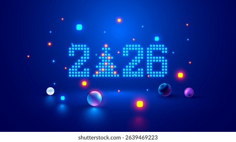 2026 digits, Christmas tree consist glowing pixels in technology style on blue background. New Year card or digital tech calendar poster. Logo of 2026 year hanging over reflection polished surface.