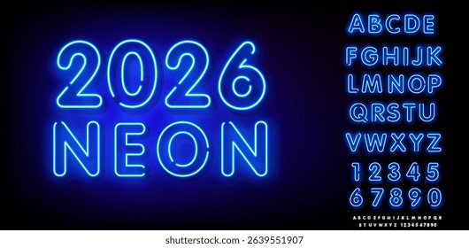 2026 digits, Christmas tree consist glowing pixels in technology style on blue background. New Year card or digital tech calendar poster.