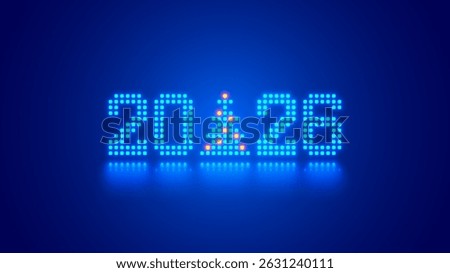 2026 digits, Christmas tree consist glowing pixels in technology style on blue background. New Year card or digital tech calendar poster. Logo of 2026 year hanging over reflection polished surface.