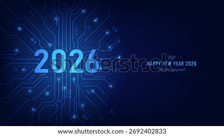 2026 digits on circuit board background. New Year card or digital tech calendar poster. Cybersecurity, engineering innovation, AI optimization tools, and future tech trends. Vector illustration.