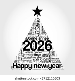2026 in einer baumförmigen mehrsprachigen Wortwolke, die glückliches neues Jahr, bonne année, buon anno, feliz ano novo und weitere saisonale Grüße als symbolische Feiertagssilhouette angibt