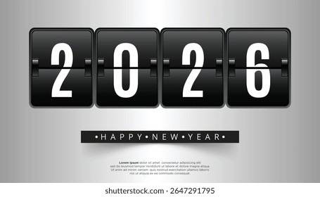 2026 exibido em painéis de relógio mecânico preto flip relógio feliz texto de Ano Novo abaixo em um fundo cinza