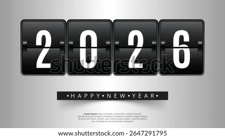 2026 displayed on black mechanical flip clock panels Happy New Year text below on a grey background