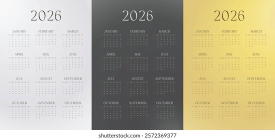 2026 Elegant Calendar Set, Gradient Gold, Black, and White One Page Designs, Minimal Annual Templates for Wall, Printable and Editable