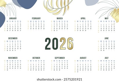 2026 Elegant Wall Calendar with Abstract Botanical Golden Accents, Minimal One Page Annual Design, Modern and Aesthetic Template, Printable and Editable