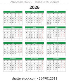 Calendário anual inglês de 2026. Ilustração vetorial. A semana começa na segunda