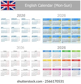 2026 English Mix Calendar Mon-Sun on white background