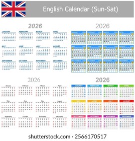 2026 English Mix Calendar Sun-Sat on white background