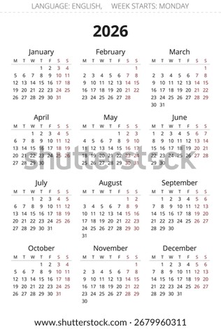 2026 english simple calendar. Vector year illustration. Week starts monday