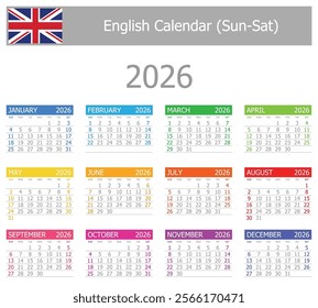 2026 English Type-1 Calendar Sun-Sat on white background