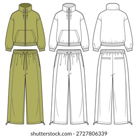 2026 Essential Zipup Tracksuit Set Ilustración de moda. Chaqueta de Pista a juego y pantalones de Pista con cuello de embudo de palanca, bolsillo canguro, puños de punto de costilla. Vistas frontales y traseras. Ropa deportiva unisex. Conjunto CAD.