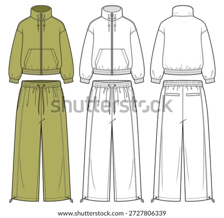 2026 Essential Zipup Tracksuit Set Fashion Illustration. Matching Track Jacket and Track Pants with Toggle Funnel Neck, Kangaroo Pocket, Rib Knit Cuffs. Front Back Views. Unisex Sportswear. CAD Set.