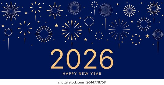 Cartão de fogos de artifício 2026, banner de Ano Novo, cartaz festivo