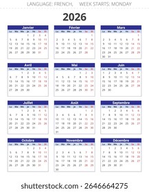 calendário anual francês de 2026. Ilustração de ano vetorial para a França. Français calendrier