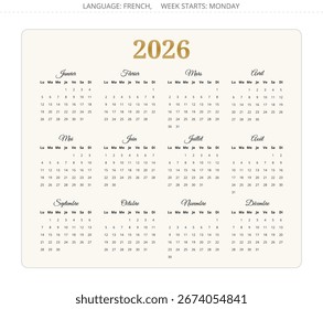 Französischer Kalender 2026. Design, Vektorgrafik für Frankreich. 12 Monate Jahreskalender