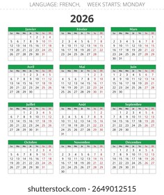 calendário francês de 2026 (Francais calendrier). Ilustração de ano vetorial para a França. 