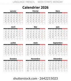 2026 french calendar. Vector illustration for France. Francais calendrier