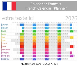 2026 French Planner Calendar with Horizontal Months on white background