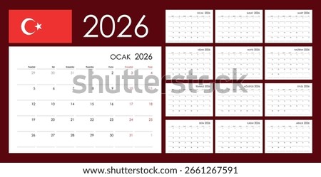 2026 Full Year Grid Calendar in Turkish, Set of 12 Months.