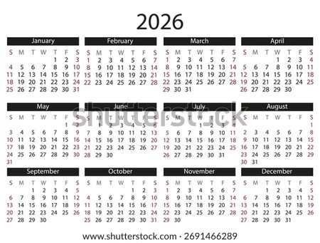 2026 Full-Year Calendar With Highlighted Weekends and Bold Month Headers.