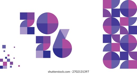 Diseño tipográfico moderno abstracto geométrico de 2026 con Formas de color púrpura y rosa vibrantes