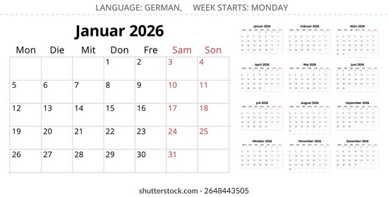 2026 alemão calendário planejador - Kalender. Ilustração vetorial para a Alemanha.