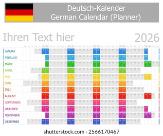 2026 German Planner Calendar with Horizontal Months on white background