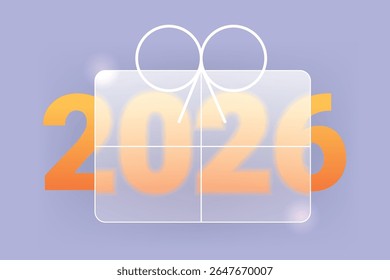 2026 gift box glass morphism label design. New Year vector icon