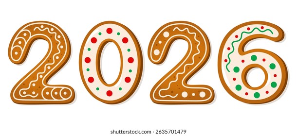 2026 gingerbread cookies with colorful icing. New Year banner. Winter holiday theme vector illustration.
