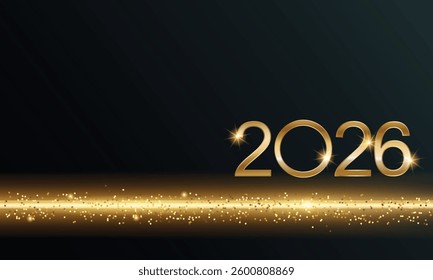 2026 Glittering New Year Card, Festive Sparkling Gold Background, Horizontal banner