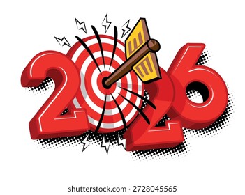 2026 goal target concept. Archer arrow hit target center. Success strategy concept in comic book style. Vector on transparent background