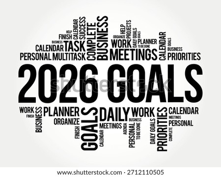 2026 GOALS highlighted in a bold word cloud featuring meetings, planner, priorities, daily work, multitask, business, organize, calendar, task, finish, success, projects, agenda, personal