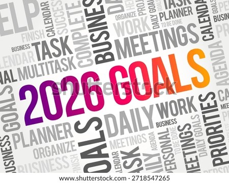 2026 GOALS highlighted in a bold word cloud featuring meetings, planner, priorities, daily work, multitask, business, organize, calendar, task, finish, success, projects, agenda, personal