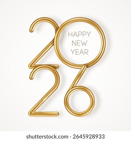2026 gold 3d numbers isolated on white background. Vector illustration. Minimal invitation design for Merry Christmas and Happy New Year. Elegant golden text. Minimal card template poster banner.