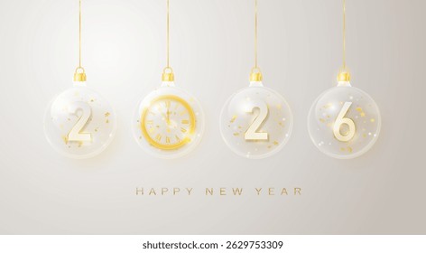 2026 gold metal number for New Year . Festive Christmas banner with falling confetti on bright background. Realistic Golden 3d number. Vector