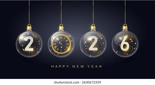2026 gold metal number for New Year . Festive Christmas banner with falling confetti on bright background. Realistic Golden 3d number. Vector