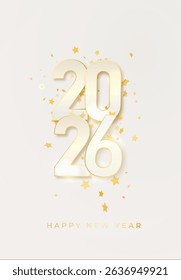 2026 gold metal number for New Year . Festive Christmas banner with falling confetti on bright background. Realistic Golden 3d number. Vector