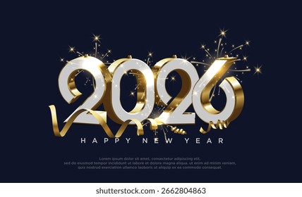 2026 Golden 3D Números Fundo para Feliz Ano Novo. Números elegantes que indicam a data do Ano Novo. Banner para cartões comemorativos ou calendários.