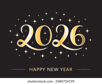 2026 Golden and black Happy New Year Greeting card. Vector hand drawn illustration.