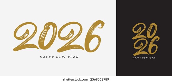 2026 golden brush stroke logo Happy New Year. 2026 design template luxury with typography logo. Vector gold 2026 for celebration and season decoration. Handmade dry brush stroke on canvas.